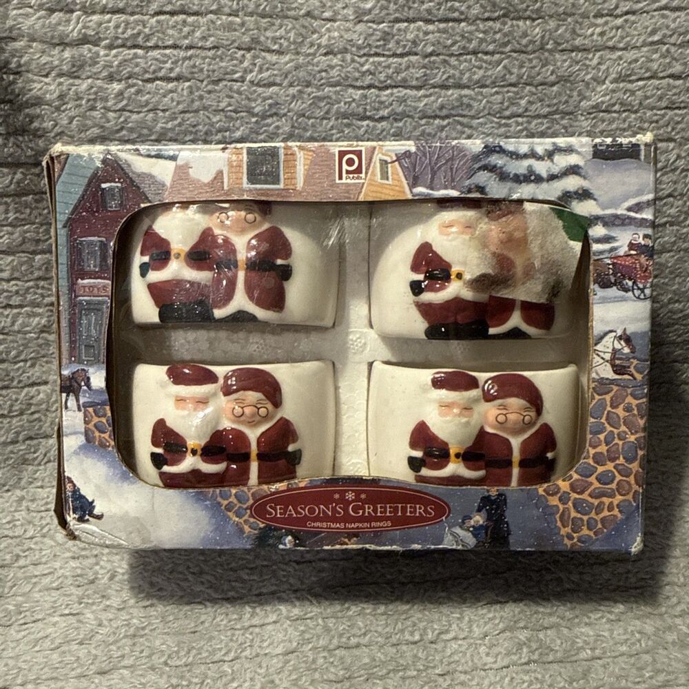 Publix Seasons Greeters Mr & Mrs Santa Claus Napkin Rings Holders Set of 4 New